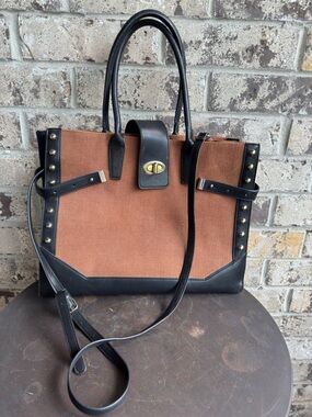 White House Black Market Large Bag Brown Canvas With Black Trim EUC